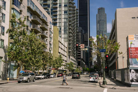 Los Angeles, USA - October 5, 2015: Traffic and buildings on the Street, in the Financial District, Los Angeles, California.のeditorial素材