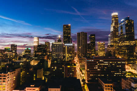 Los Angeles, USA - September 28, 2015: Downtown Los Angeles skyline at night.のeditorial素材
