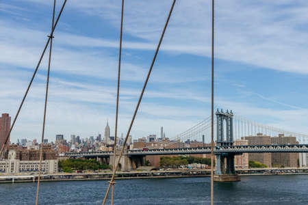 New York, USA - September 21, 2015:  View of Manhattan bridge from Brooklyn Bridge in New York.のeditorial素材