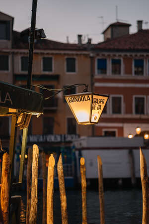 Venice, Italy - August 13, 2016: Lantern with the words "gondola" on the embankment of the Grand Canal in Venice, Italy.のeditorial素材