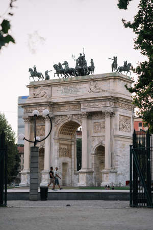 Milan, Italy - August 10, 2016: Tourists walk next to the Peace Arch in Milan, Italy.のeditorial素材