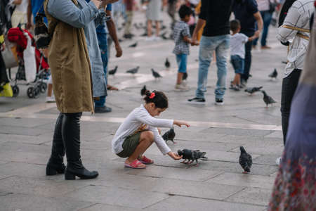 Venice, Italy - August 13, 2016: Tourists feed pigeons in Piazza San Marco in Venice, Italy.のeditorial素材