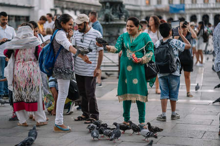 Venice, Italy - August 13, 2016: Tourists feed pigeons in Piazza San Marco in Venice, Italy.のeditorial素材