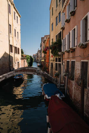 Venice, Italy - August 14, 2016: Empty canal of Cannaregio district in Venice, Italy.のeditorial素材
