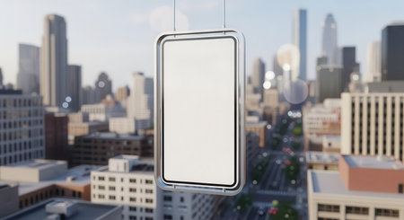 A modern blank digital signage frame hangs outdoors above city buildings with a clear sky, creating a sleek and contemporary atmosphere suitable for advertising and urban marketing campaigns.の素材