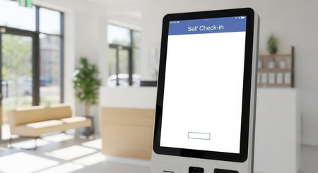 A sleek digital self check-in kiosk in a bright modern waiting area with large windows and minimal decor creating a professional and welcoming atmosphere perfect for healthcare or hospitality settings.の素材