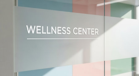 A sleek glass door with a modern wellness center sign in a bright, clean interior featuring soft pastel colors and natural lighting creating a calm and professional atmosphere ideal for health and wellness marketing.の素材