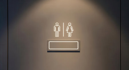 Minimalist restroom sign featuring male and female icons illuminated above a sleek doorway with soft lighting, ideal for public facilities and commercial spaces.の素材