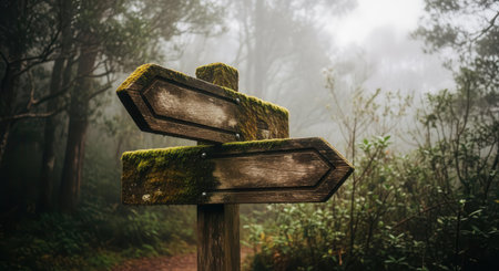 A weathered moss-covered wooden signpost with two directional signs stands in a misty forest filled with trees and bushes creating a mysterious and tranquil atmosphere perfect for nature and outdoor themes.の素材
