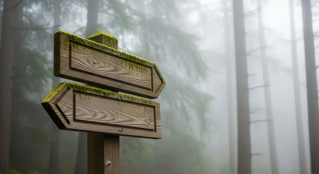 A weathered wooden signpost with moss growing on it stands in a misty forest surrounded by tall trees and fog creating a mysterious and tranquil atmosphere ideal for nature and outdoor content.の素材