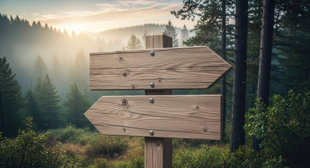 Two wooden directional signs mounted on a post in a forest setting with warm sunset light and lush greenery for outdoor navigation or nature travel themes.の素材