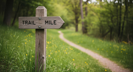 A rustic wooden trail sign in lush green park with a winding dirt path surrounded by trees and yellow flowers, evoking a peaceful outdoor adventure atmosphere perfect for nature and hiking themes.の素材