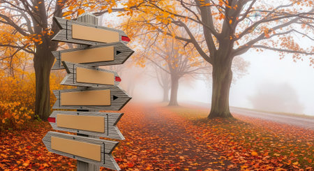 Autumn park with leaf-covered ground and large trees with orange foliage, foggy atmosphere, and a wooden signpost with blank directional arrows creating a peaceful, natural setting ideal for travel and outdoor activities.の素材