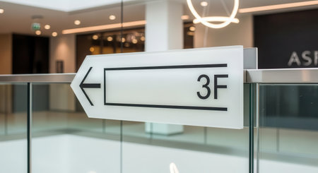 A sleek indoor directory sign with a clear arrow and floor indicator in a modern building interior featuring bright lighting and contemporary design perfect for commercial and office environments.の素材
