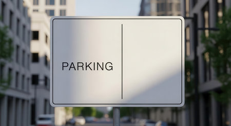 A white parking sign with black text and divider in a city environment featuring modern buildings and natural daylight, conveying urban parking information ideal for transportation or cityscape topics.の素材