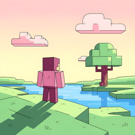 Cartoon illustration of a man standing on the shore of a lakeの素材