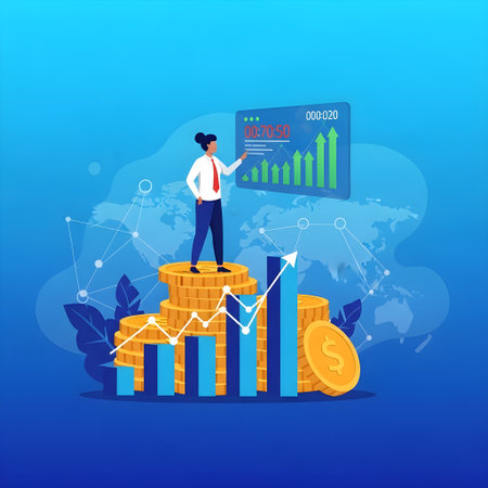 Businessman standing on top of stack of coins and looking at growth graph on blue background. Vector illustrationの素材