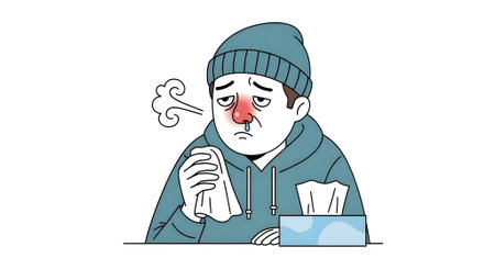 Illustration of a man suffering from a cold. Vector illustration.の素材
