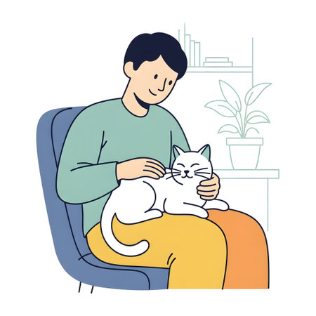 Man sitting in armchair and stroking white cat, vector illustrationの素材