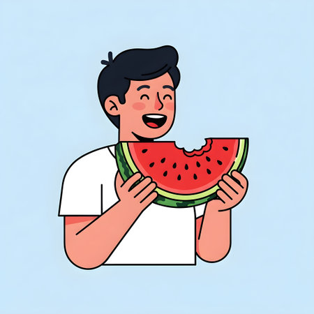 Cartoon man eating watermelon. Vector illustration of a man holding a slice of watermelon.の素材