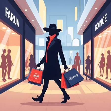 Fashion woman with shopping bags in the shopping mall. Vector illustrationの素材