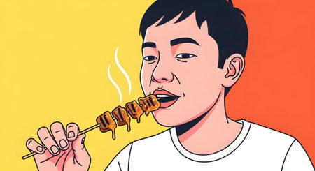 Young man eating kebab on a stick. Vector illustration.の素材