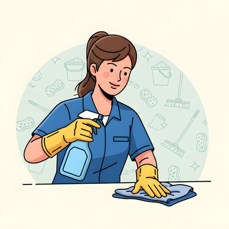 Vector illustration of cleaning lady in uniform with sponge and spray bottle.の素材