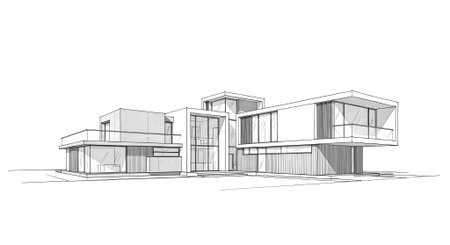 3d rendering of modern cozy house with garage and pool for sale or rent. Black line sketch with white background.の素材