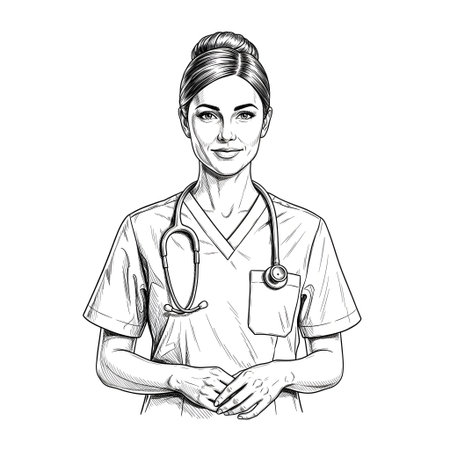 Nurse with stethoscope. Hand drawn vector illustration in sketch style.の素材