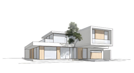 3d rendering of modern cozy house with garage for sale or rent. Black line sketch with white background.の素材