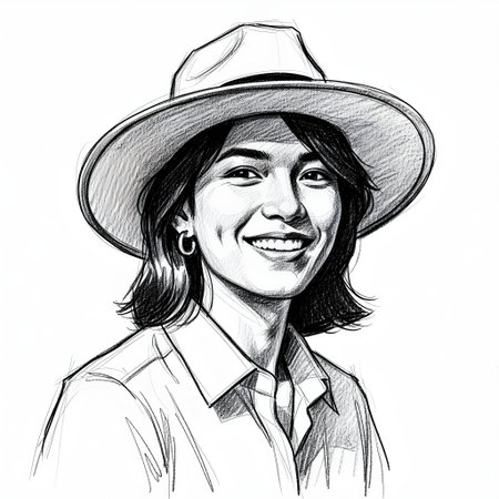 Portrait of a woman wearing a hat. Ink black and white drawingの素材