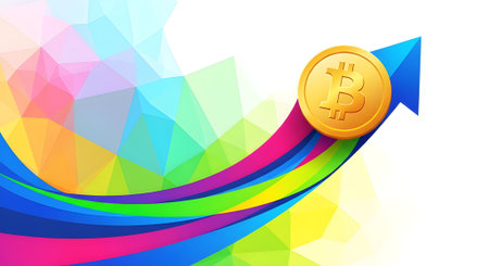 golden bitcoin on a colorful background with an arrow in the centerの素材