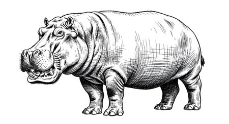 Hippopotamus in engraving style. Vector illustration.の素材