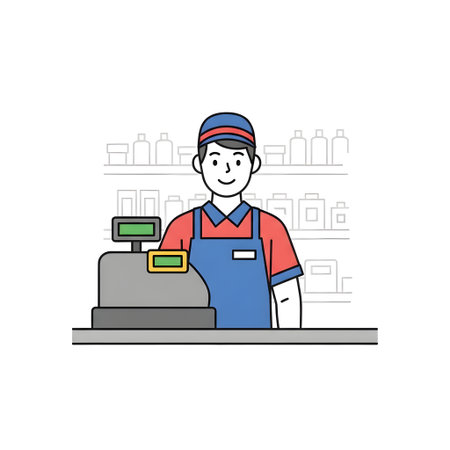 Cashier at the cash register. Vector illustration in linear style.の素材