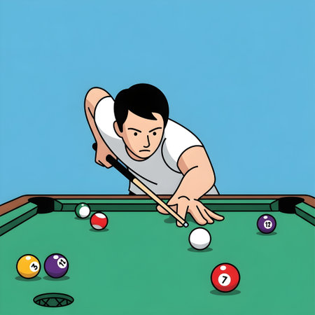 Vector illustration of a man playing billiards on green billiard tableの素材