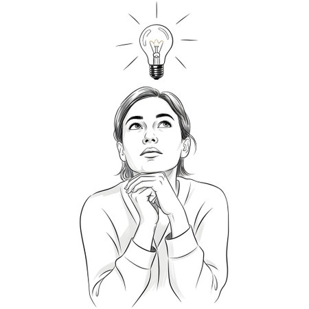 Vector illustration of a thinking woman with a light bulb above her headの素材