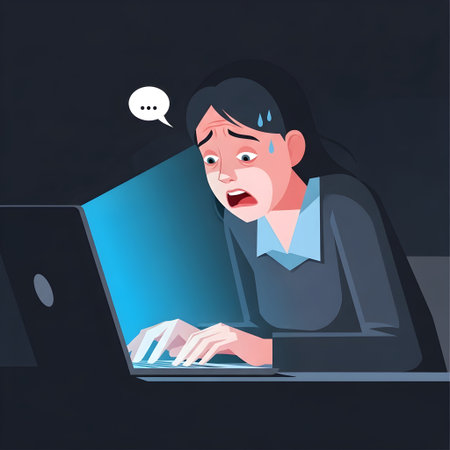 Angry woman working on laptop. Vector illustration in flat style.の素材