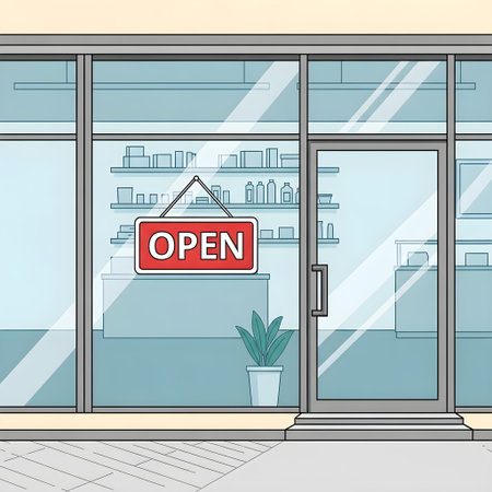 Open sign on the shop window. Vector illustration in cartoon style.の素材