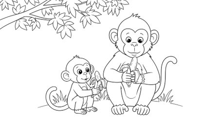 Monkey family coloring page. Black and white vector illustration for coloring bookの素材