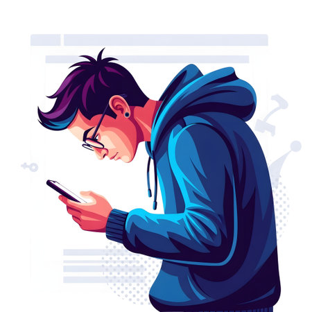 Young man with mobile phone. Vector illustration in a flat style.の素材