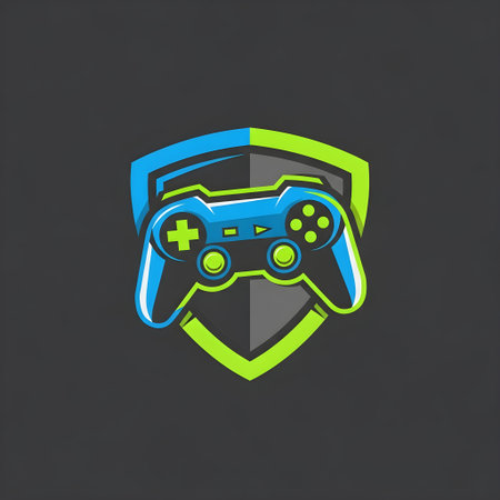 Game console logo with shield and joystick. Vector illustration of gaming logo.の素材