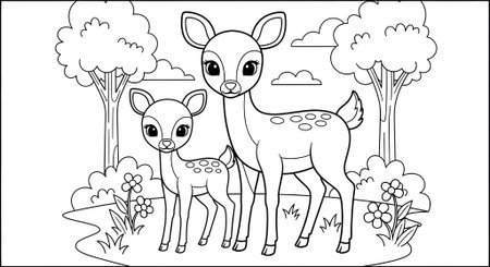 Coloring Page Outline Of cute deer family in the forest.の素材