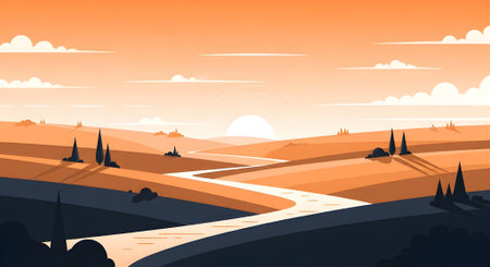 Vector illustration of a sunset landscape with a road, fields and trees.の素材