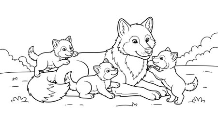 Coloring Page Outline Of cartoon foxes playing with their puppiesの素材
