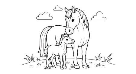Coloring page for children. Cute cartoon horses and foal.の素材