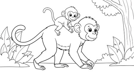 Monkey and monkey in the jungle. Coloring book. Vector illustrationの素材