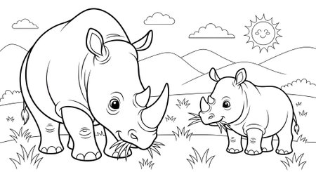 Black and White Cartoon Illustration of Funny Rhinoceros Animal Character for Coloring Bookの素材