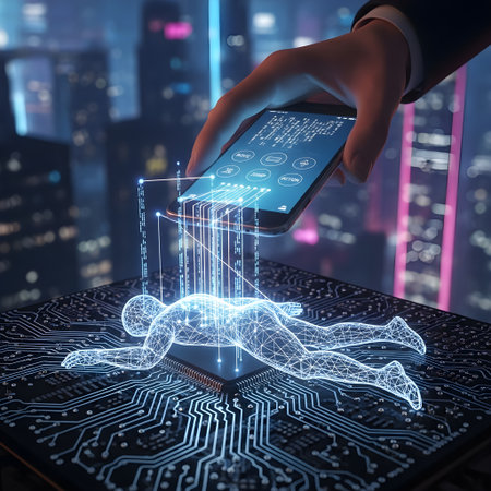 Hand holding smartphone with digital hologram on blurry city background. 3D Renderingの素材