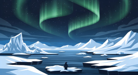 Winter landscape with northern lights and ice floes. Vector illustration.の素材