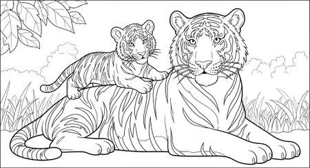 Black and white illustration of a tiger with a cub. Coloring book for children.の素材
